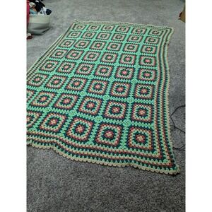 Vtg Granny Square Crochet Throw Blanket Afghan 60x90 Handmade Green Pink